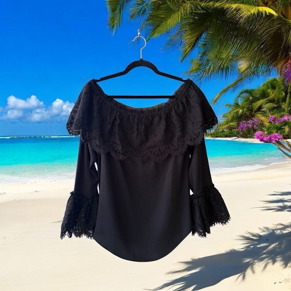 WHBM Black Off-Shoulder Top with Wide Black Lace - Picture 13 of 13
